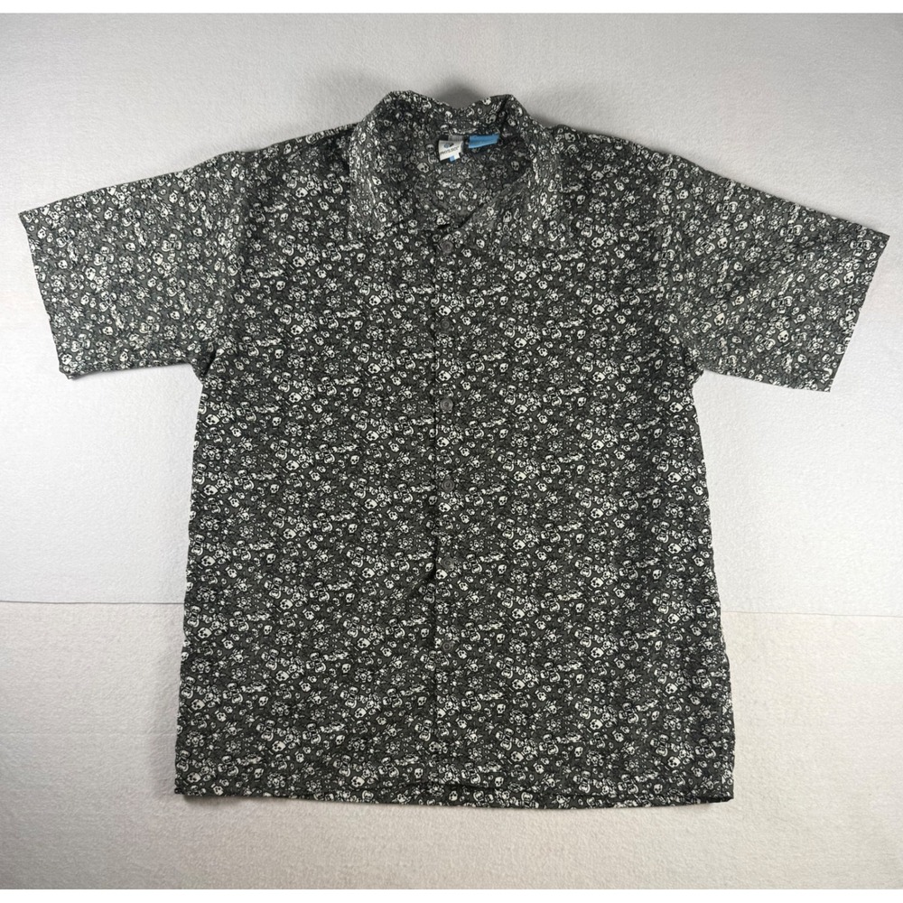 Phys.Sci Mens Large Skull Print Button Down Shirt Short Sleeve Grey White Skull